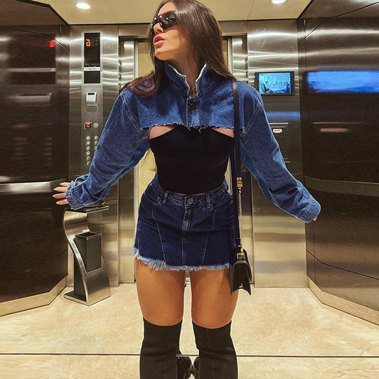 Denim Long Sleeve Jacket Overcoat Slim Skirt Set
