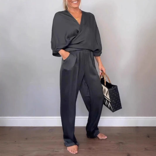 Solid Color Satin Short-sleeved Top Pants Suit Women