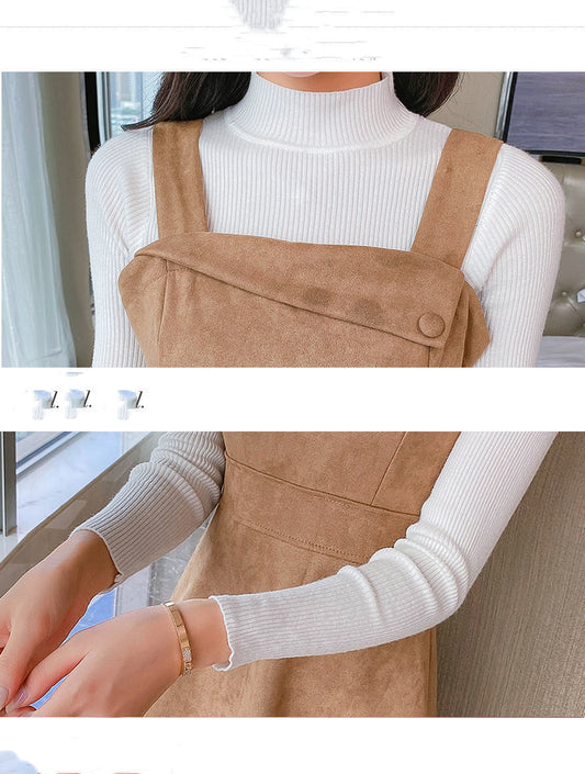 Half High Neck Bottoming Sweater Women Deerskin Velvet Waist Strappy Skirt