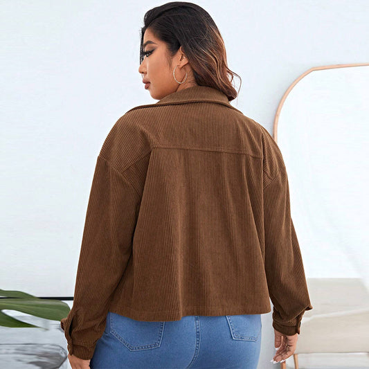 Plus Size Women's Loose Casual Short Corduroy Lapel Jacket