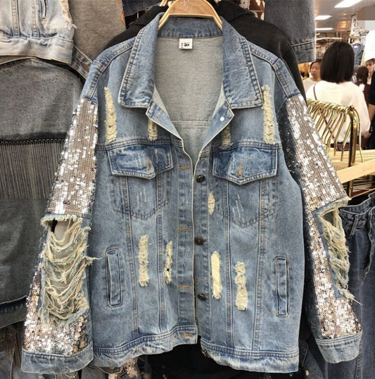 Heavy Industry Sequined Denim Jacket Women Loose