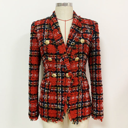 Double-Breasted Tweed Plaid Woolen Fringed Collar Blazer Jacket