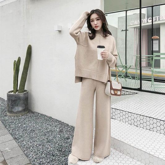 New Style Loose Sweater Two-Piece Temperament High Waist Knitted Wide Leg Pants Women Suit