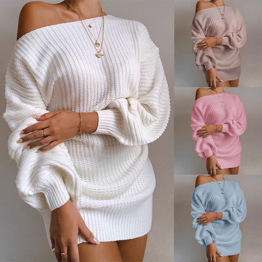 OrangeA Women Off Shoulder Knitted Sweater Dress Autumn Winter Loose Long Sleeve Solid Ladies Tunic Elegant Streetwear Dresses