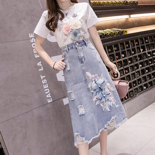 Real Shot Ins Denim Skirt Nail Bead Three Dimensional Flower Decoration Beauty Korean Leisure Elegant Skirt Women''s Fashion