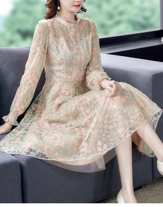 Women''s Dress Fat Sister Gentle Style Long Sleeve Celebrity Temperament Embroidery Mesh Dress