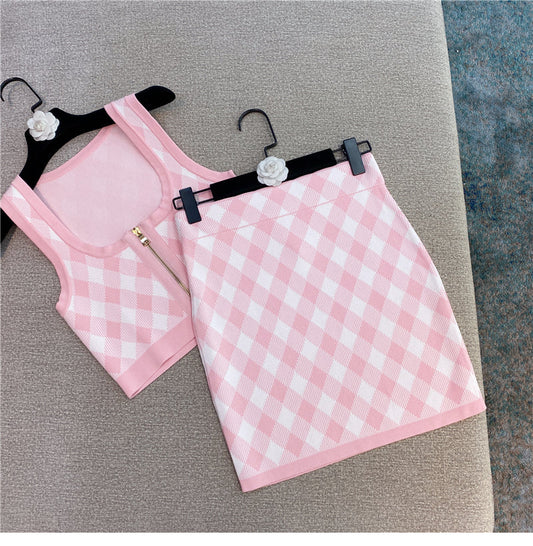 Spring New Sleeveless Square Neck Tank Tops Short Mini Skirt Pink Plaid Knitted Two Piece Set Women Outfits