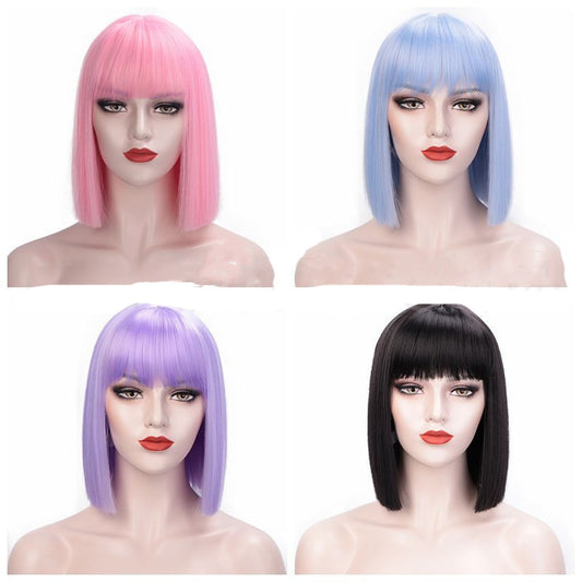 Full Lace Straight Hair Shoulder Length Short Bob Wigs For Women With Bangs - Ombre Gray 12Inches