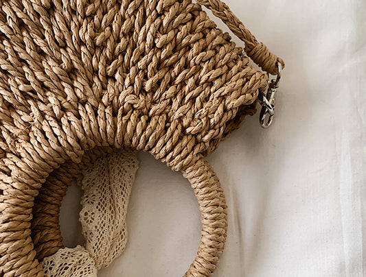Women Hand-Woven Handbag Moon Shape Lace Bow Rattan Bag