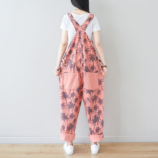 Korean Style Fashion Coconut Tree Bib Pants Plus Size Casual Pants Loose Print Three-Color In