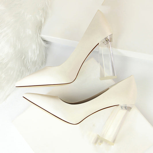 Womens Pumps Shoes Stiletto Satin Transparent Block High Heels