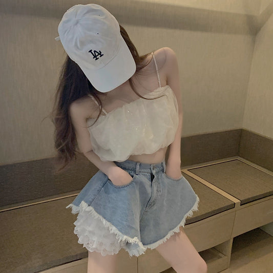Lace Bottoming, Denim High-waisted Shorts, Two-piece Women