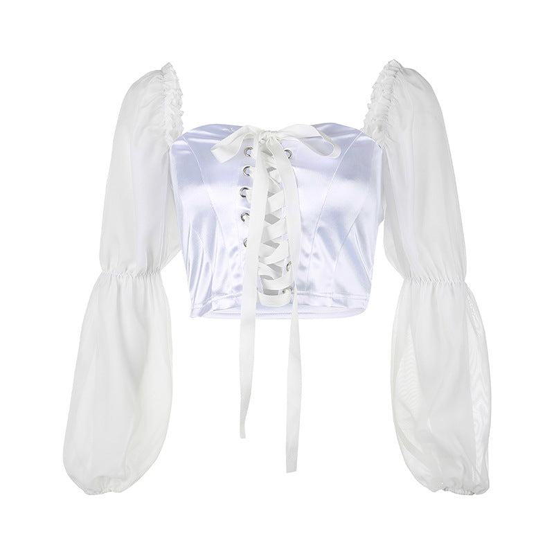 Puff sleeve stitching tie t-shirt