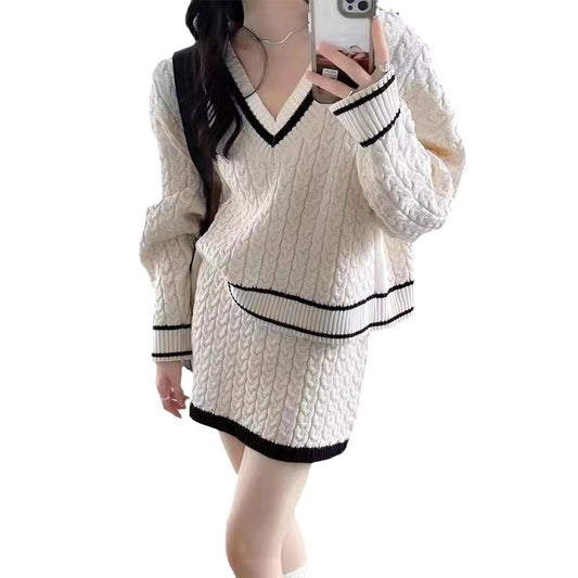 Autumn Winter Retro Contrast Color Hemp Pattern Sweater Skirt Two-piece Set For Women