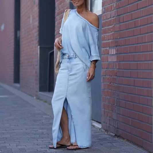 Women's Denim Shoulder Skirt Two-piece Set