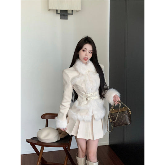 Classic Style Fur Stitching Suede Puffer Jacket High Waist Pleated Skirt Two-piece Set For Women