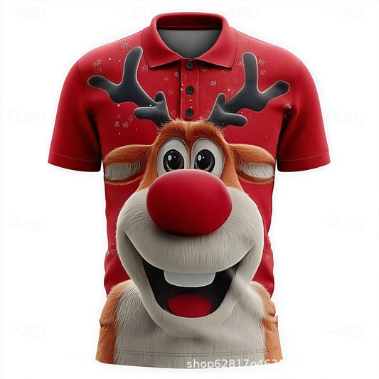 Men's 3D Digital Printing Christmas Santa Reindeer Polo Collar Short Sleeve