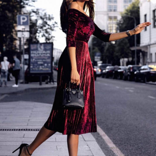 Women Solid Long Off Shoulder Dress