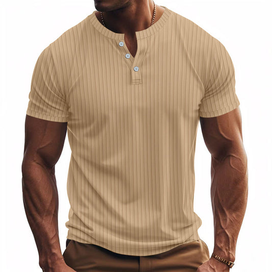 Men's Casual Sports Jacquard Ribbed Quick-dry Breathable Henley Short Sleeve