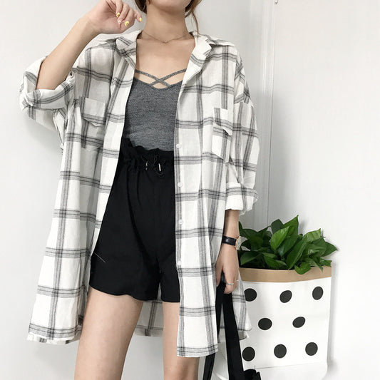 Large Size Plaid Shirt Women Loose Long-sleeved Shirt Sun Protection Top Thin Coat