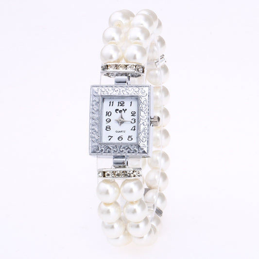 Artificial Glass Pearl Watch Bracelet Rectangular Women's Casual Watch