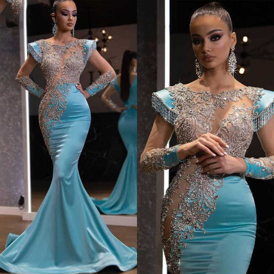 Daily Light Blue Fishtail Long Slimming Temperament Annual Party Evening Dress Women