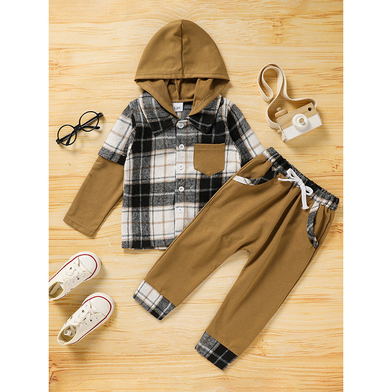 Toddler Baby Boy Clothes Plaid Long Sleeve Hoodie Sweatshirt & Pants 2pcs Boys Outfit Set