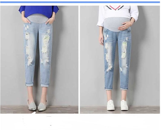 Fashion maternity pants summer tide hole jeans seven points loose thin tight stretch