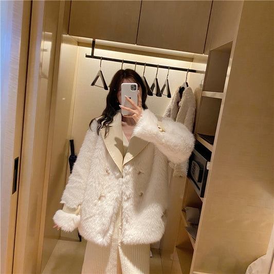 Gentle stitching leather for thin fur coat women