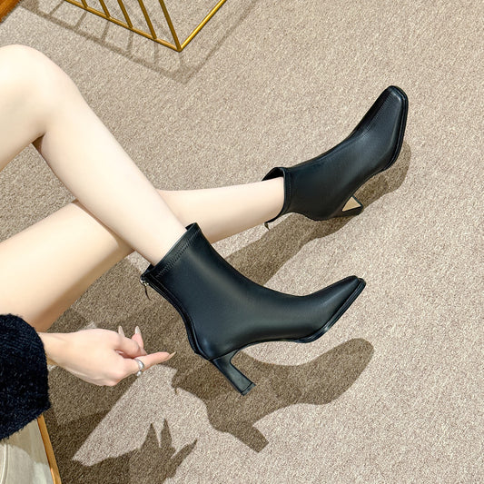 Chunky Heeled Tall Leather Stretch Riding Boots