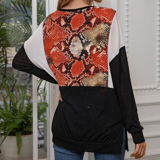 Snakeskin Pattern Stitching Casual Loose Doll Sleeves Large Size Top Women