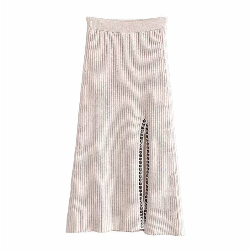 Slimming Front Slit A Line Skirt Women Long Sleeved Round Neck Stitched Knitted Sweater
