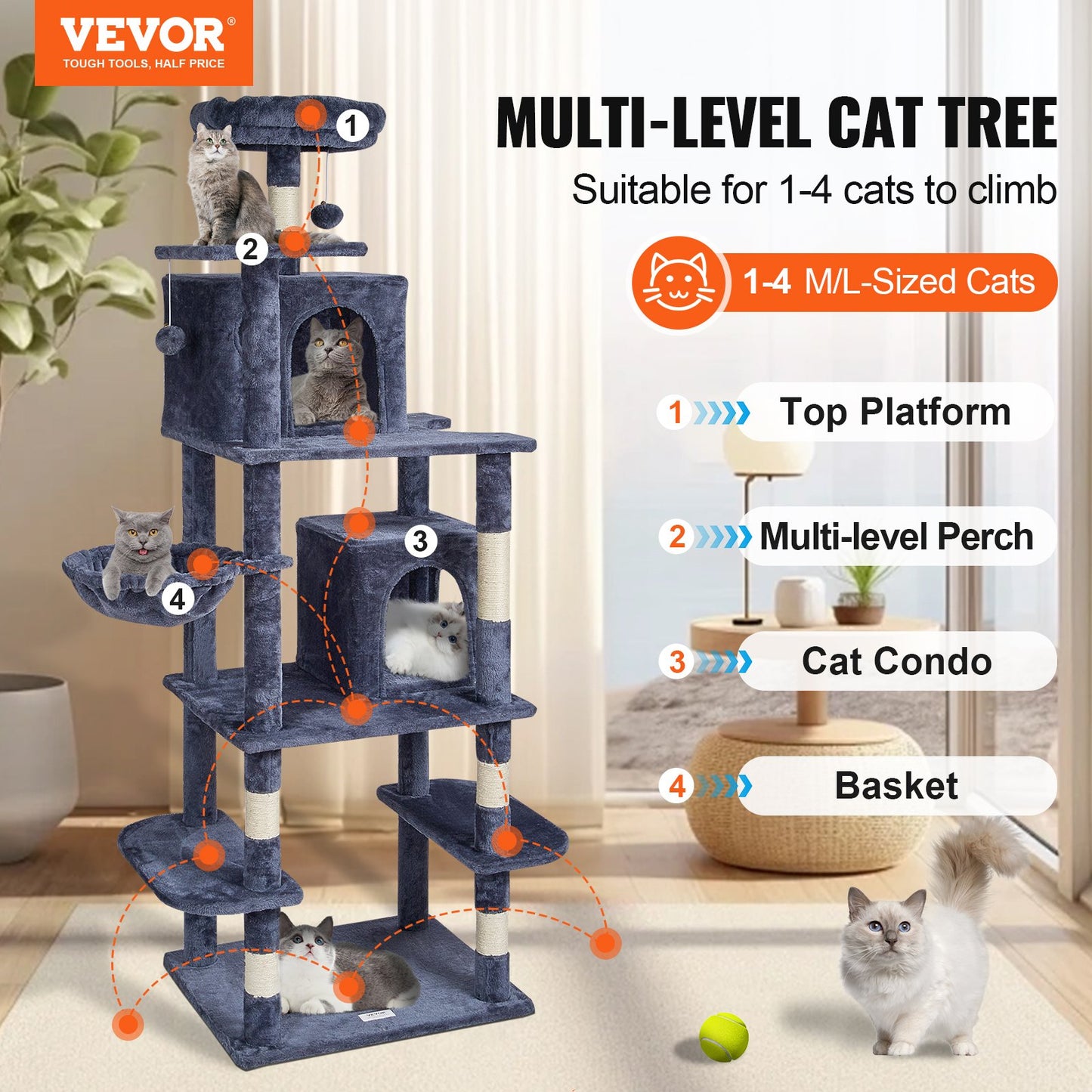 VEVOR Cat Tree Cat Tower With Cat Condos Sisal Scratching Post Dark Grey