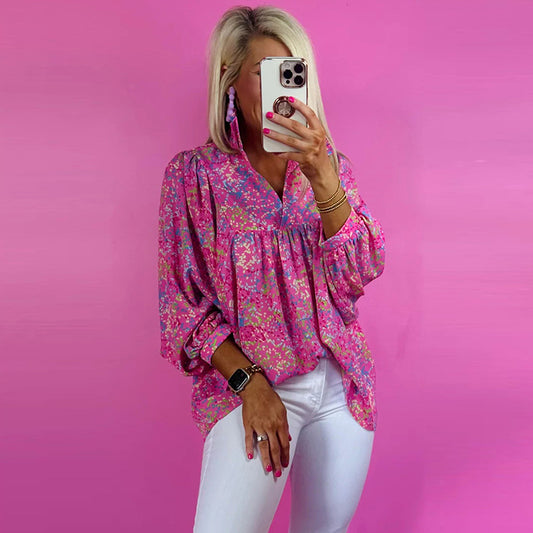 Casual Loose Floral Print Chiffon Blouse For Women