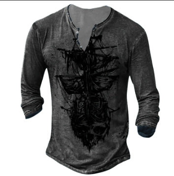 Men's Casual 3D Digital Print Long Sleeve V-neck T-shirt
