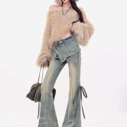 American Retro Layered Party Jeans For Women, Distressed Wash