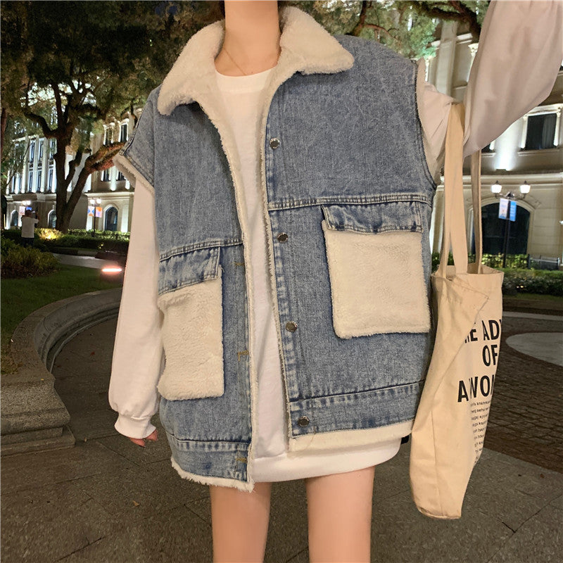 Imitation Lamb Hair Stitching Thick Loose Loose Mid-length Denim Vest Women