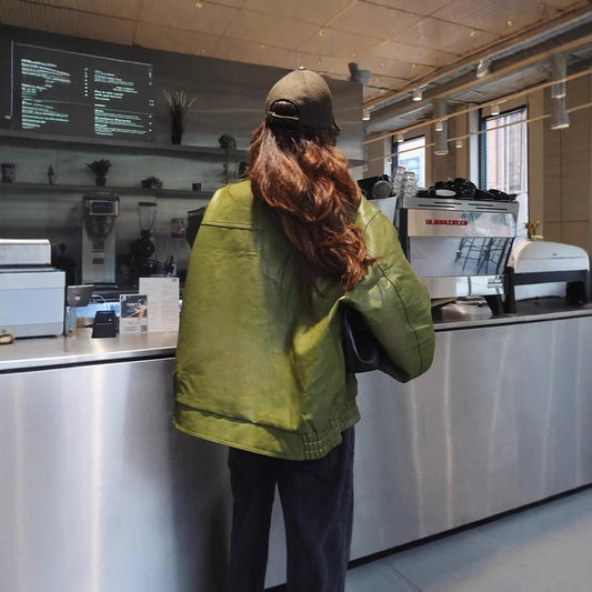 Turn-down Collar Green Leather Jacket Short Coat For Women