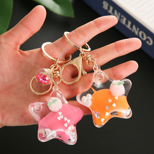 Color Small Pendant Peach Five-pointed Star Liquid Quicksand Keychain