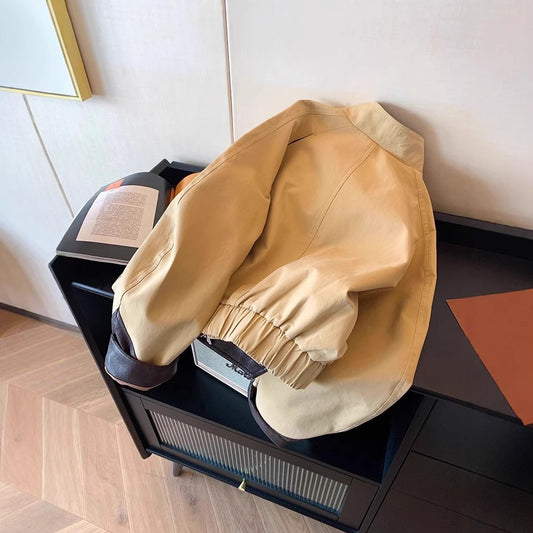 Khaki Leather Patchwork Stand Collar Jacket Short Coat For Women Autumn