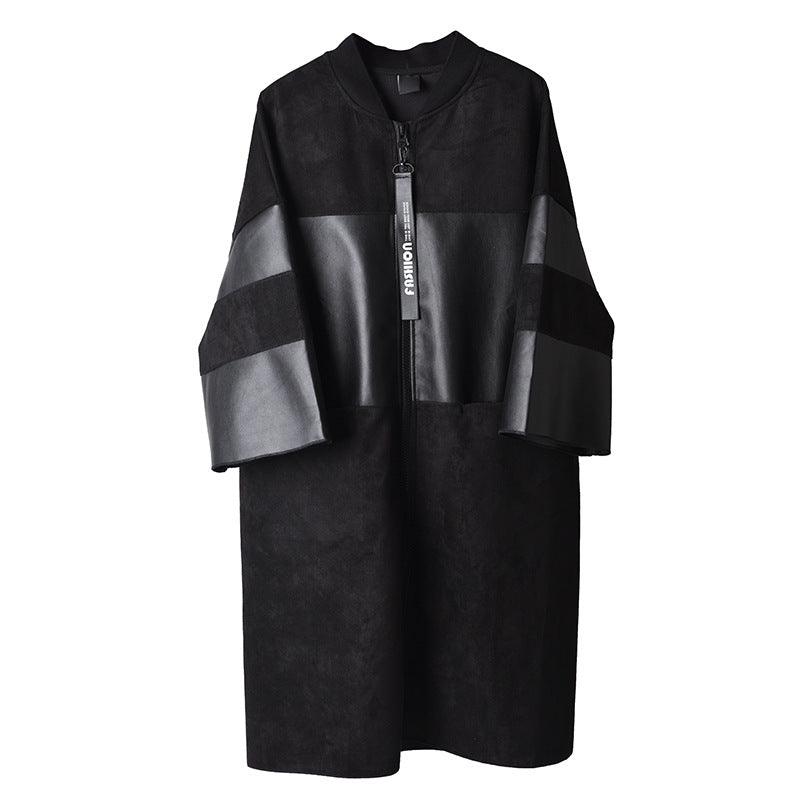 Dark PU Leather Trench Coat For Women Plump Girls Large Size Three Quarter Sleeve Mid-length Leather Coat