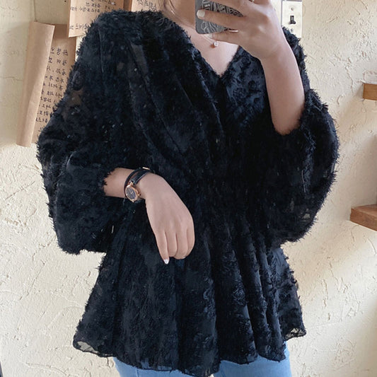 Plus Fat Plus Size Women Loose V-neck Waist Top Fat Sister Super Fairy Lace Bottoming Shirt Tide