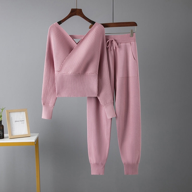 Sexy V-neck Sweater Casual Sports Pants Two-piece Set For Women