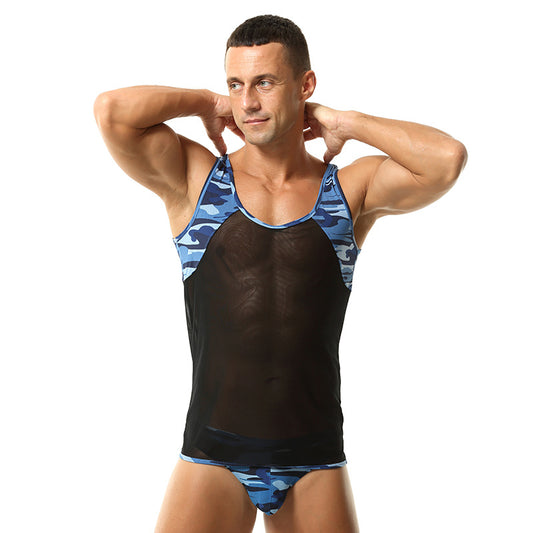 Youth Camouflage Mesh Color Block Stretch Breathable Yoga Shirt For Men