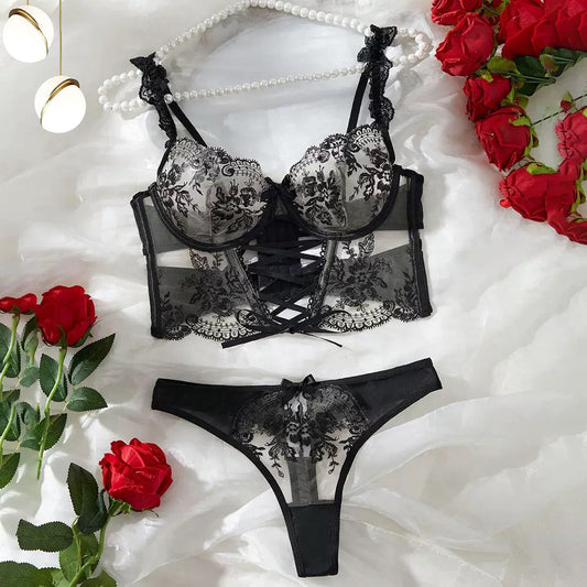 Mesh Exquisite Embroidered Flowers Cross Strap Underwear Suit Women