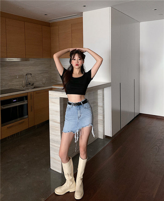 Denim Skirt Women Retro Irregular High Waist