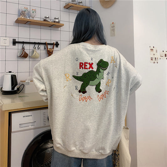 Dinosaur Embroidery Sweater Women Loose Large Size Long-sleeved Round Neck Casual Top