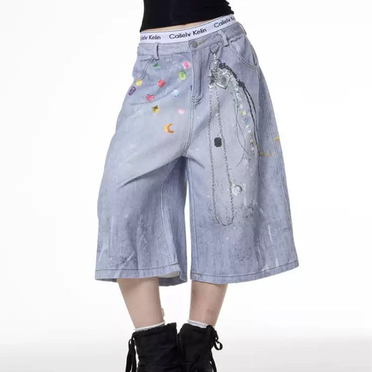 Retro Color Chain Printed Denim Shorts For Women