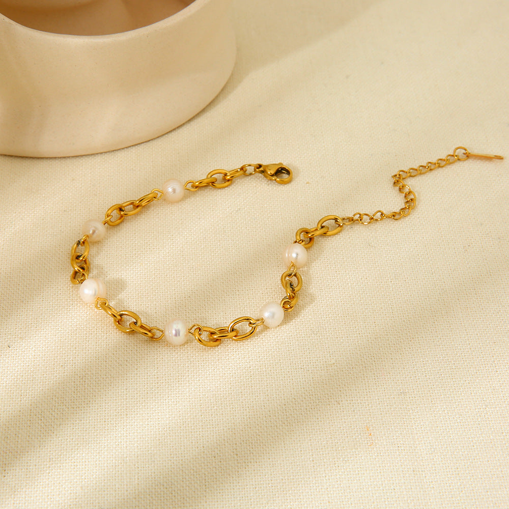 K Gold Stainless Steel Bracelet 6 Water Pearl Chain