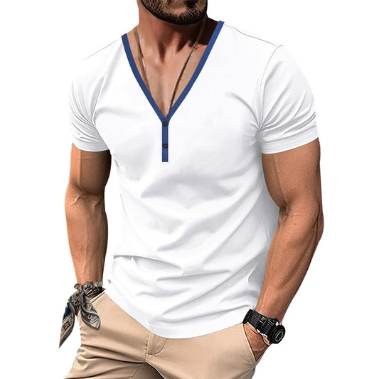 Men's European And American Casual V-neck Contrast Color Henley Slim-fit Top